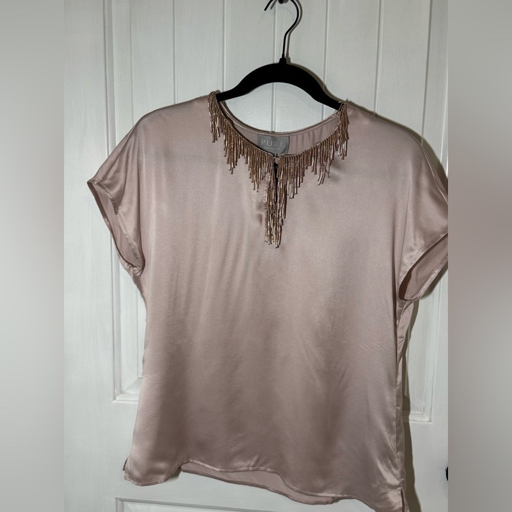 Pure Collection 100% Silk Top with Beaded Fringe in Light Pink - Picture 2 of 12